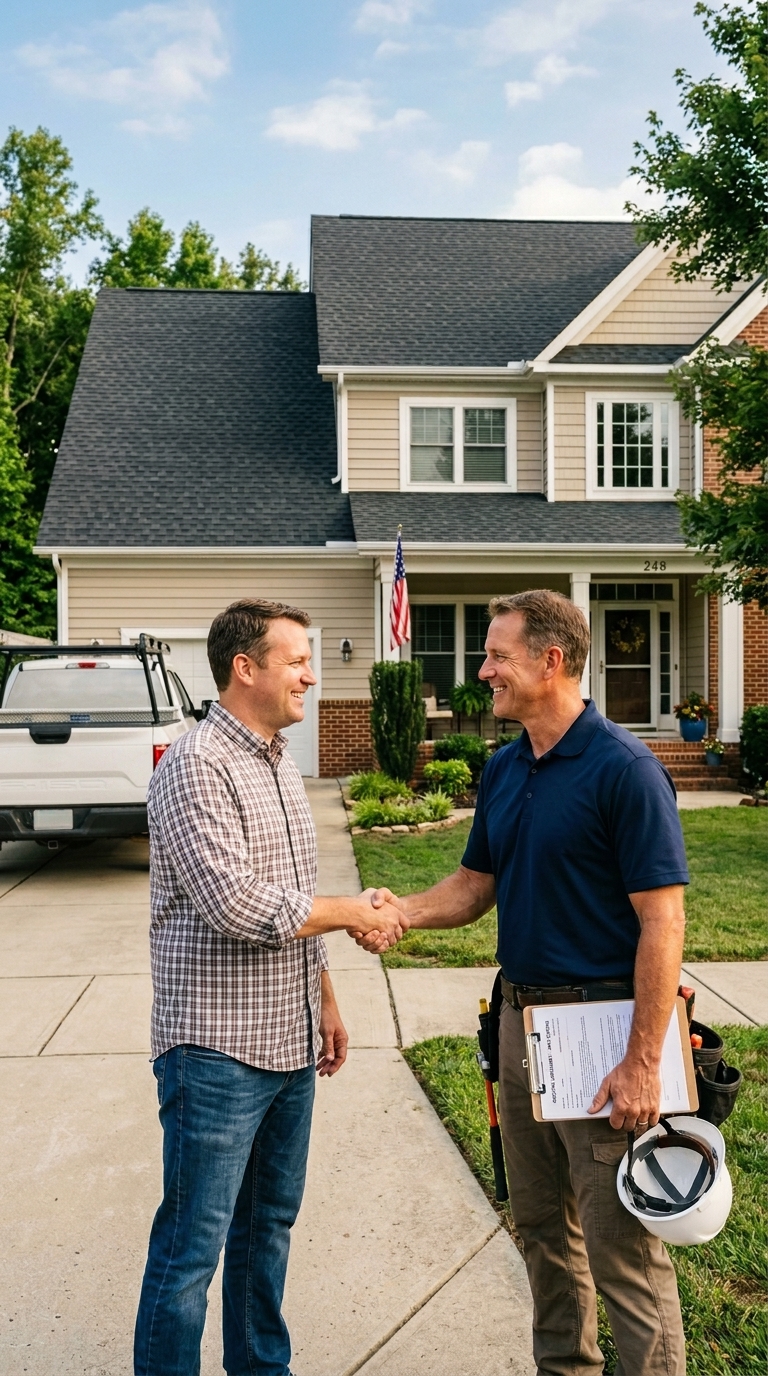 A friendly roofing contractor shaking hands with a homeowner